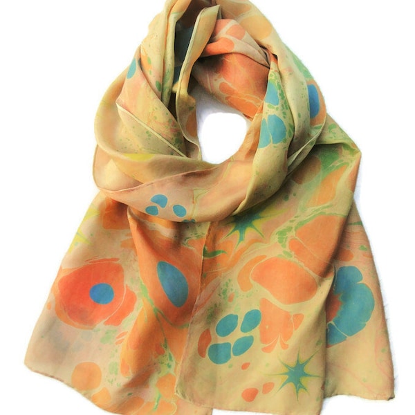 Foulard soie marbré, jaune, bleu, orange et vert