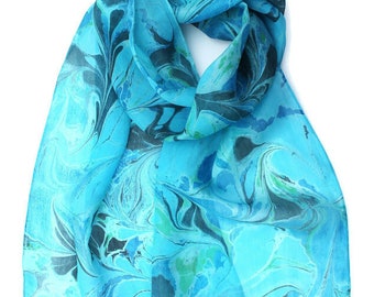 Turquoise, vert and blue silk scarf marbled with black. Lightweight summer silk scarf.