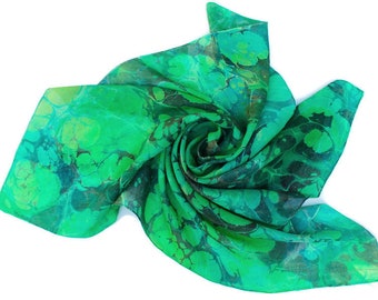 Marbled silk large square scarf in many shade of green.