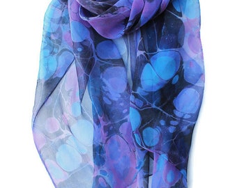 Blue violet marbled silk scarf, sheer chiffon scarf, women's gift, extra large scarf