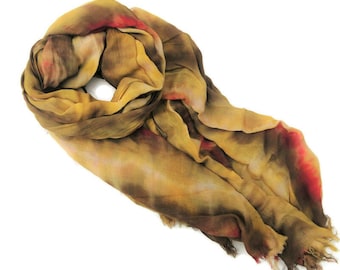 Large wrap scarf, hand dyed very soft rayon, yellow, ochre with light red stripes.