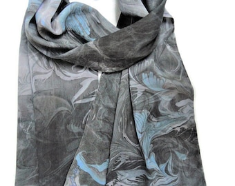 Silvery grey marbled silk scarf. Hand crafted, luxurious woman's gift