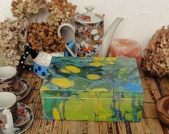 Wooden tea box, marbled box, memory box, blue, yellow and green hand painted very unique gift box