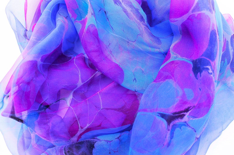 Blue/violet and fuchsia marbled silk scarf, sheer chiffon scarf, women's gift, extra large scarf image 5