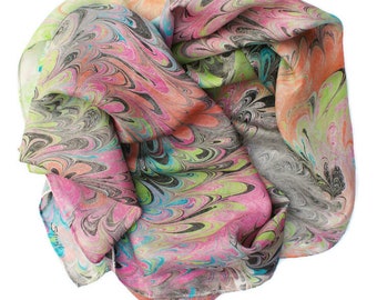 Multi-colored silk scarf, marbled in an abstract pattern, soft and silky with a lovely sheen