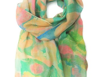 Pastel colours silk scarf. Unique hand marbled pattern, one of a kind designer scarf.