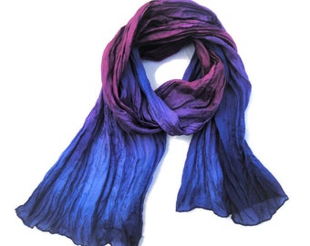 Blueberry wine silk scarf for men or women, feather light crinkle scarf