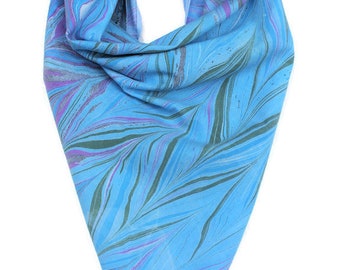 Blue cotton bandana marbled in a feather design.