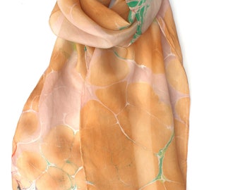 Marbled silk scarf with beige, golden brown, green and white, unique gift