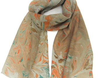 Silk crepe scarf in beige, orange, turquoise and brown, abstract pattern made with a marbling technique.