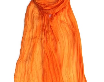 Hand-Dyed Orange Silk Crinkle Scarf: Lightweight Pongee Silk