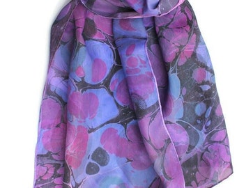 Women's marbled silk scarf in violet, blue and black.