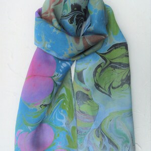 green and black in a stone pattern 100% silk crepe marbled with blue yellow Turquoise silk scarf white