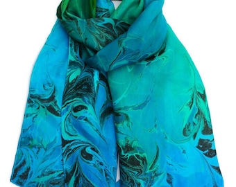 Marbled silk scarf in blue, turquoise, black and green, women's gift, mom gift, teacher gift, medium size silk scarf