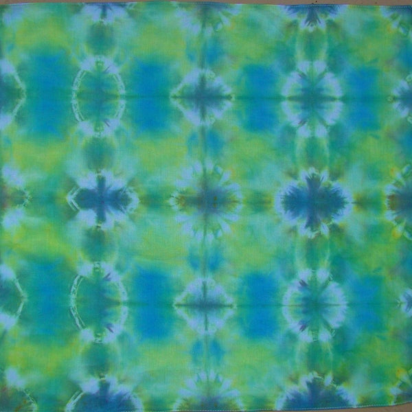 cotton bandana shibori hand dyed in blue, green, yellow and white  for men, women or children.