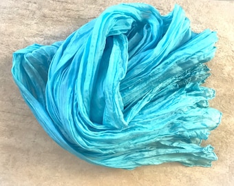 Turquoise silk scarf, feather light silk crinkle scarf.