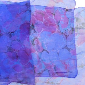 Blue/violet and fuchsia marbled silk scarf, sheer chiffon scarf, women's gift, extra large scarf image 2