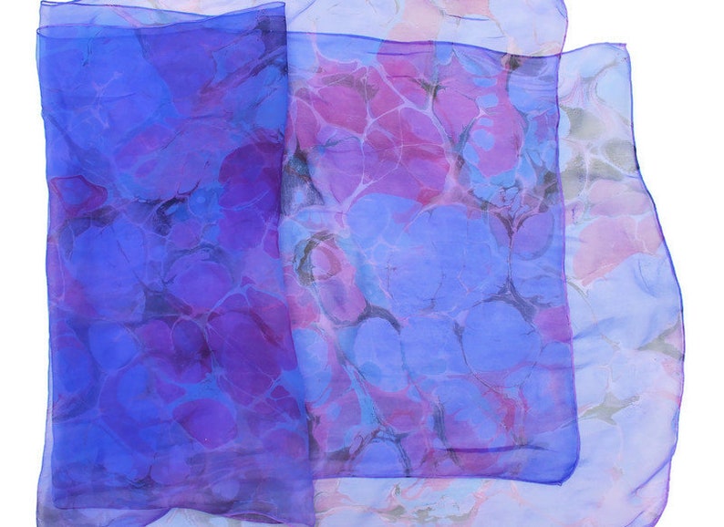 Blue/violet and fuchsia marbled silk scarf, sheer chiffon scarf, women's gift, extra large scarf image 2