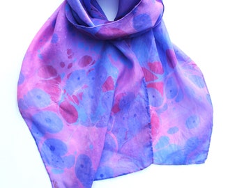 Violet marbled scarf, women's silk scarf in purple, pink, black and blue