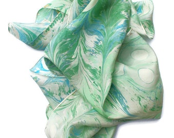 Green silk scarf. women's marbled  scarf, large size