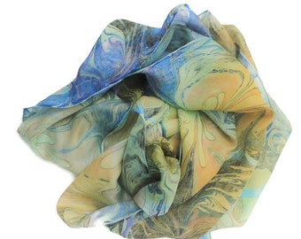 Blue and orange silk scarf, hand marbled in a flower design. 15"x 68", lightweight pongee 100% silk.