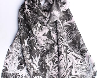 marbled silk scarf in white, black, pink, gift for her, girl friend gift. 100% silk scarf