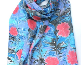 Marbled silk scarf, red, blue, white and black, large size, one of a kind hand marbled on 100% pure silk.