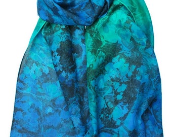 Marbled silk scarf, blue, green and black, women's large size one of a kind hand marbled on 100% pure silk.