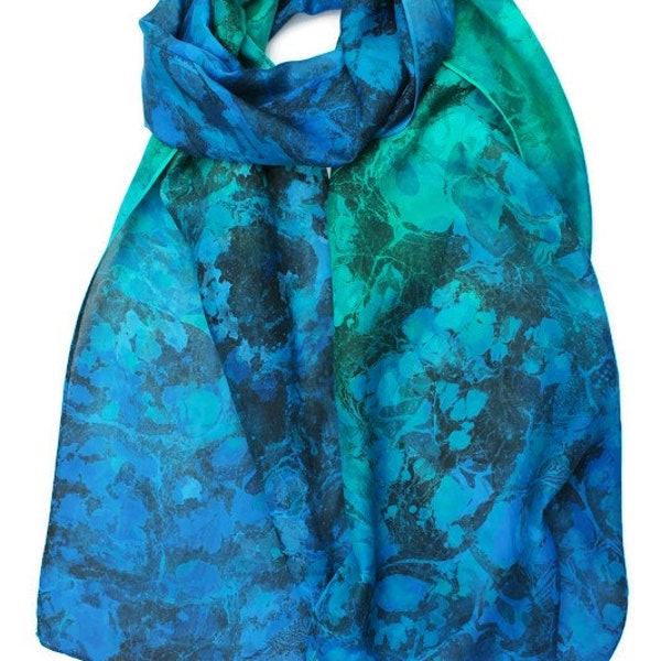 Marbled silk scarf, blue, green and black, women's large size one of a kind hand marbled on 100% pure silk.