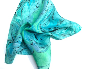 Pochet van gemarmerde zijde: turquoise aqua draagbare kunst
