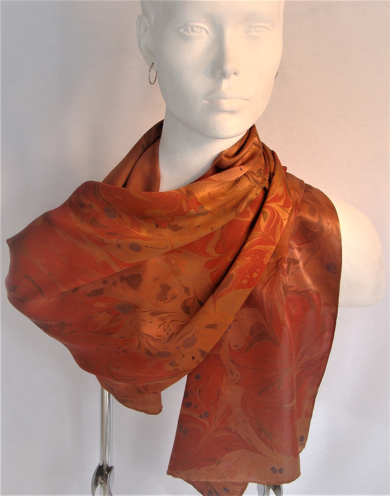 Marbled silk satin scarf in burnt orange. Soft and silky with | Etsy