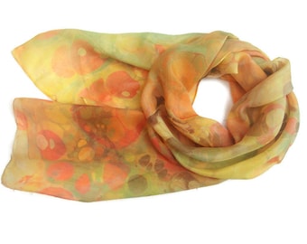 Yellow silk scarf, marbled with pink, orange, green and brown, woman's gift, gift for her