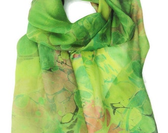 Green silk scarf. Unique hand marbled pattern, one of a kind designer scarf.