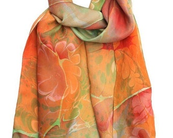 Woman's silk scarf, hand marbled in a flower pattern