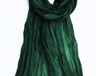 Forest green silk scarf, feather light, large size crinkle scarf, hand dyed.