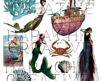 Let's Be Mermaids  Digital Collage Sheet  Mermaid  altered art  ocean clipart nautical clip art  digital art  printable art  vintage