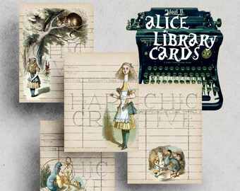 Alice in Wonderland Junk journal  Library Cards  Journal Cards Printable  Vintage Ephemera  Digital Journal  Alice ClipArt   Ephemera Pack