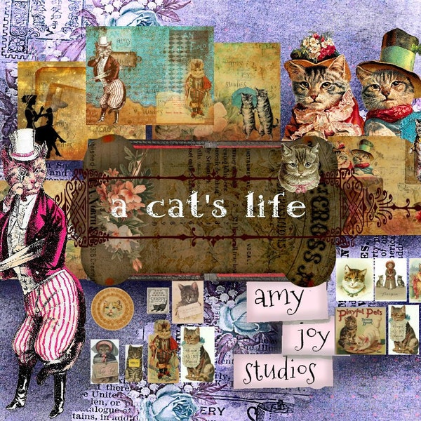 A Cat's Life  Junk Journal Kit  Digital Journal Kit  Vintage  Cat Journal  Cat Lover  Diary  Vintage Ephemera  Mini Album  Digital Scrapbook