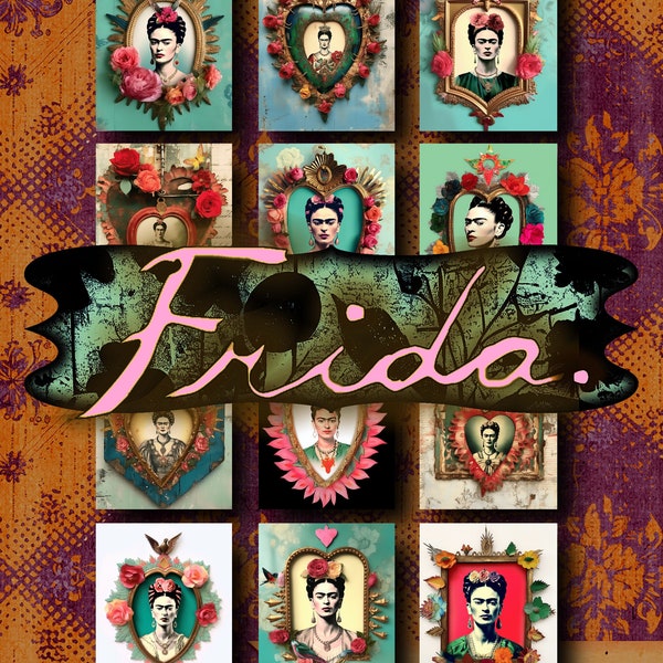 Frida Kahlo journal cards  printable journal cards  junk journal kits  Sacred Hearts  Frida journal  digital journal kit  junk journal