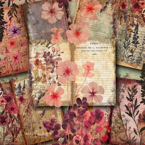 43 peças - Papéis florais vintage - Kit de diário de lixo, papel de escrita floral, papelaria de flores, papel antigo para impressão, diário de flores silvestres