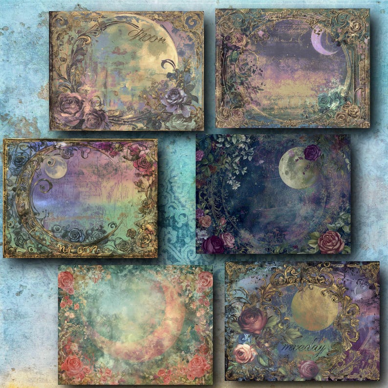 K&ouml;nnte beinhalten: Eine Sammlung von sechs Kunstdrucken im Vintage-Stil mit himmlischen und floralen Designs. Jeder Druck zeigt einen Mond oder Halbmond, umgeben von Rosen und verzierten Goldrahmen. Die Farbpalette umfasst Blau-, Lila- und Gr&uuml;nt&ouml;ne.