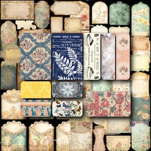 May include: A collection of vintage-style paper ephemera, including tags, labels, and decorative cards. Designs feature floral patterns, botanical prints, and aged textures in a palette of blues, pinks, and creams. Some pieces include French text.