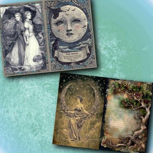 May include: A selection of vintage tarot cards with illustrations of women, the moon, and a tree. The cards are in shades of grey, beige, and brown. One card features the text "The Moon".