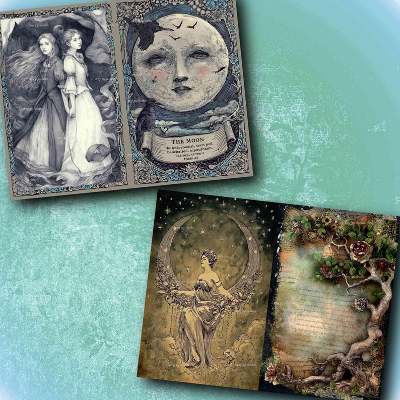 May include: A selection of vintage tarot cards with illustrations of women, the moon, and a tree. The cards are in shades of grey, beige, and brown. One card features the text "The Moon".