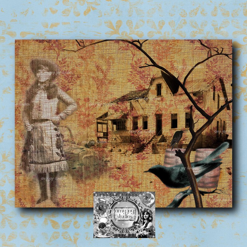 May include: A vintage-style collage featuring a young girl in a dress standing in front of a dilapidated house. The image is overlaid with a floral pattern and a bird perched on a branch. The text "amy joy studios" is visible in the lower right corner.