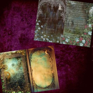 May include: A selection of vintage scrapbook paper sheets with decorative frames, floral details, and celestial motifs. The colour scheme features deep purples, greens, and golds, creating an antique aesthetic. The sheets have a dreamy, artistic design.