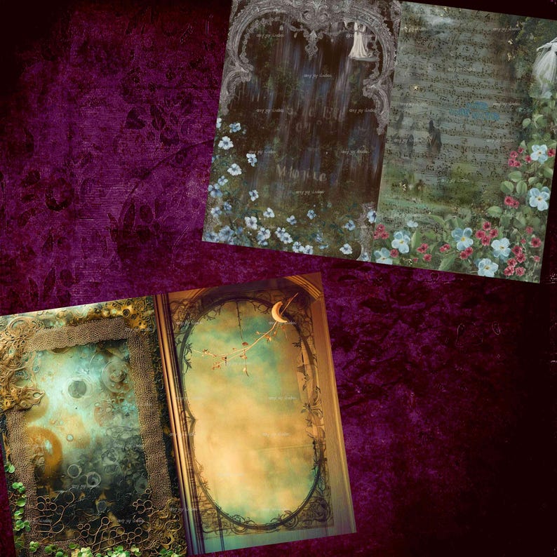 May include: A selection of vintage scrapbook paper sheets with decorative frames, floral details, and celestial motifs. The colour scheme features deep purples, greens, and golds, creating an antique aesthetic. The sheets have a dreamy, artistic design.