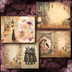 May include: A collage of vintage-style illustrations with a witchy theme. The images feature botanical elements, potion bottles, and figures in witch hats and cloaks. The color palette includes muted tones of beige, purple, and brown.