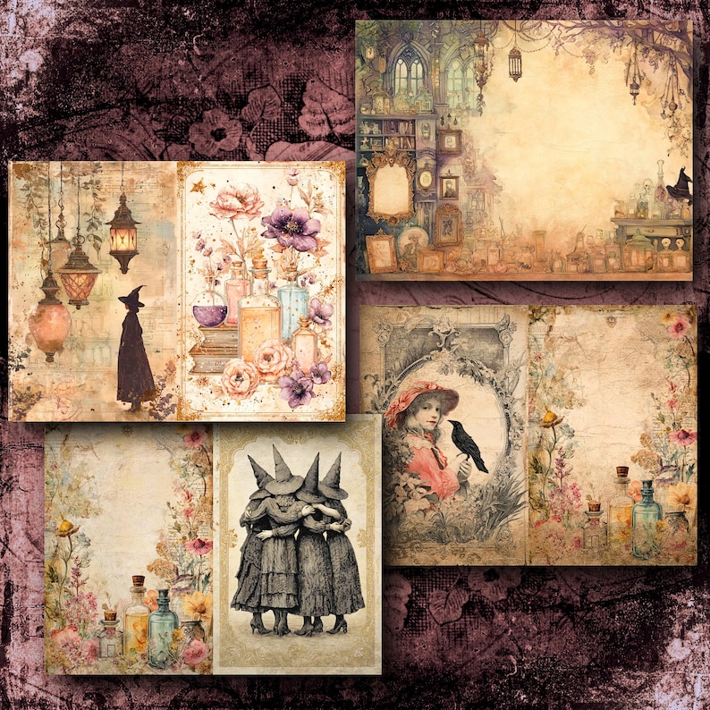 May include: A collage of vintage-style illustrations with a witchy theme. The images feature botanical elements, potion bottles, and figures in witch hats and cloaks. The color palette includes muted tones of beige, purple, and brown.