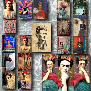 May include: A collection of Frida Kahlo art prints. The prints feature portraits of Frida Kahlo in various styles, including paintings and sketches. The color palette includes vibrant reds, blues, and greens, with floral and artistic elements. The prints are arranged on a patterned background.